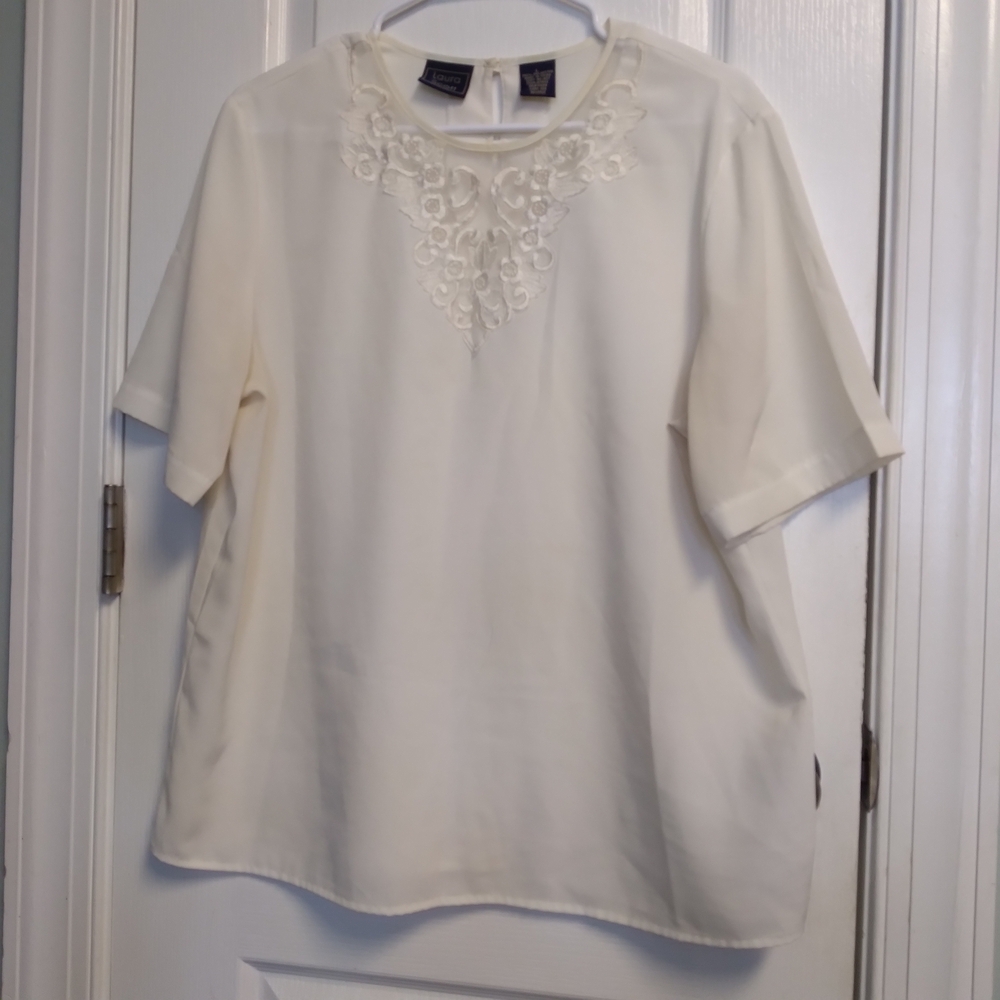White Embroidered Neckline Womens Top L Dressy Business Casual